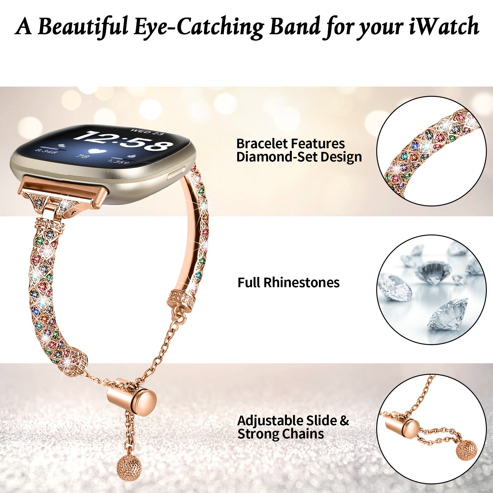 For Fitbit Versa 3 Sense Watch Band Bling Rhinestone Decor Copper Bracelet Strap For Fitbit Versa 3 Sense Watch Band Bling Rhinestone Decor Copper Bracelet Strap